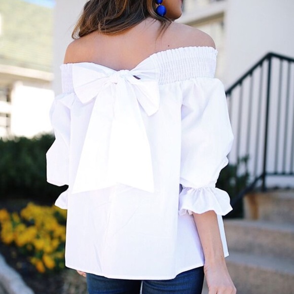 RESTOCKED!! White Off Shoulder Bow Smocked Top - Picture 4 of 7